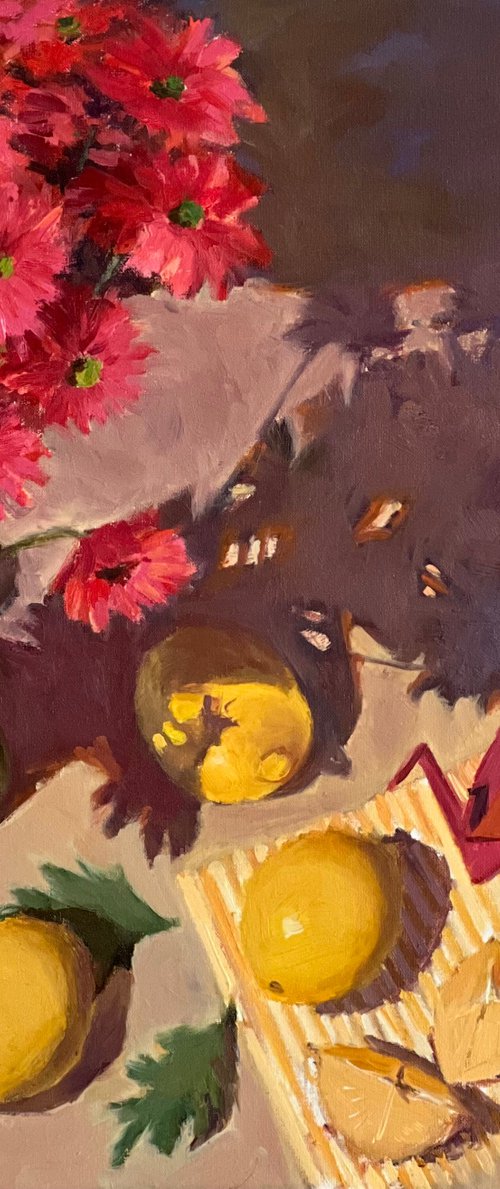 Statement piece - Vibrant Still Life Painting with Flowers and Lemons by Nithya Swaminathan