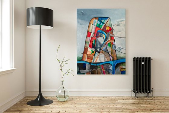 House at the river Large abstract painting