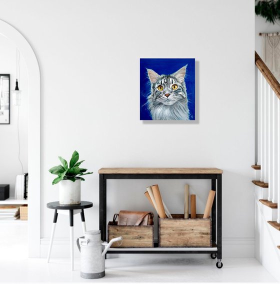 Grey Cat, Cat Oil Painting Maine Coon Original Art Pet Artwork 45x50 cm, ready to hang.