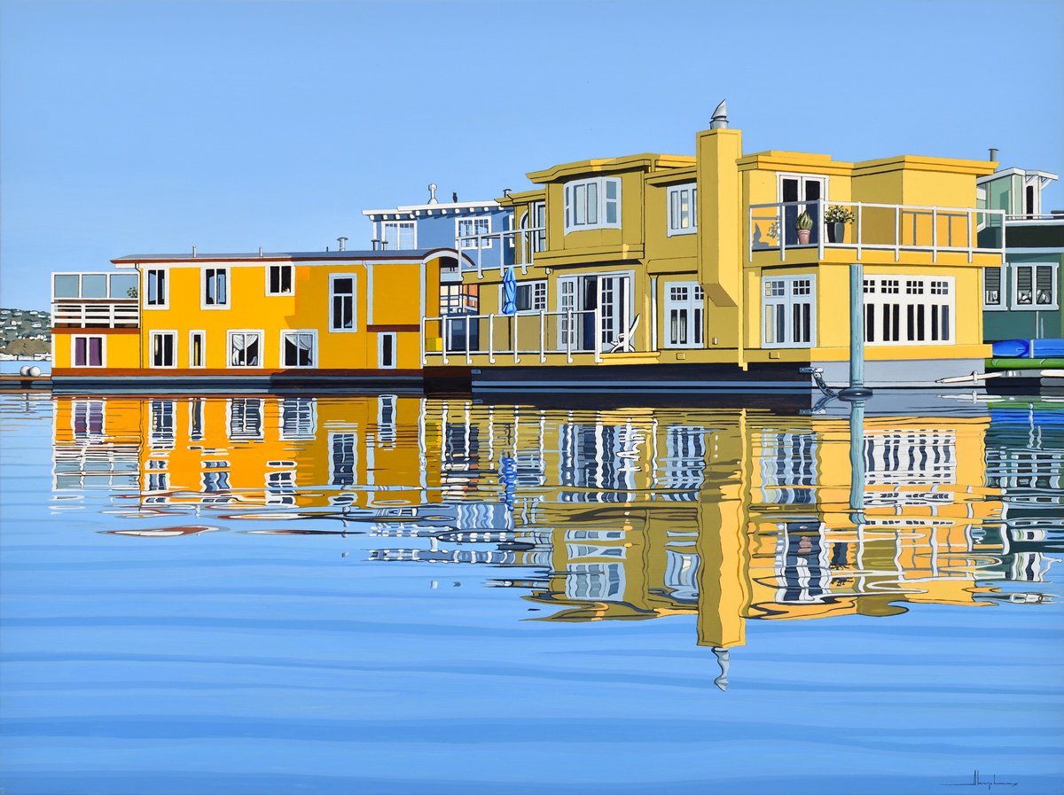 Photorealistic Landscape Acrylic Painting By Alex Nizovsky, 40 X 30, Sausalito Liberty Dock #3, Original Artwork