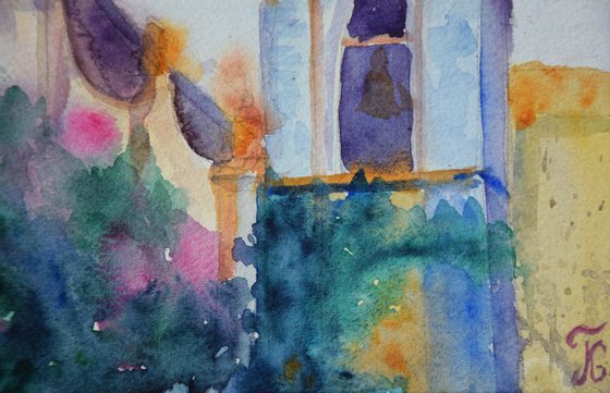 Blossoming Church Watercolor painting Italian town Taormina in summer