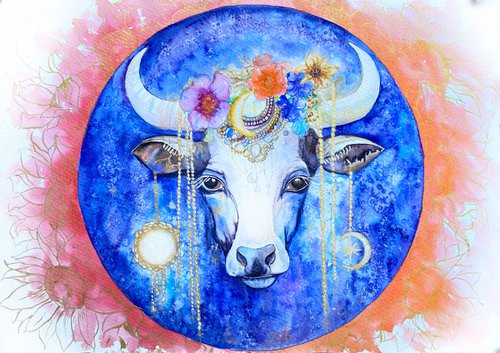 Lunar Cow: Dance of Light and Flowers by Tetiana Savchenko