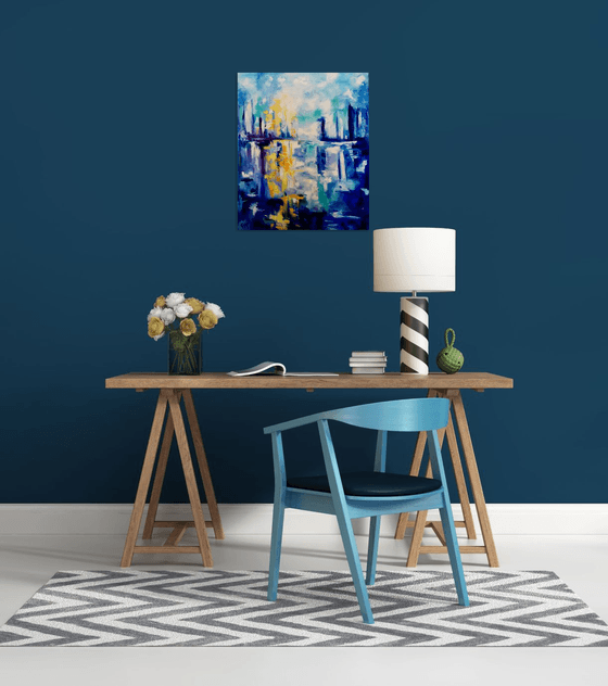 Abstract Blue Dream city, variations of blue colours: ultramarine, navy blue, turquoise, sky blue, cobalt, palette knife original artwork.