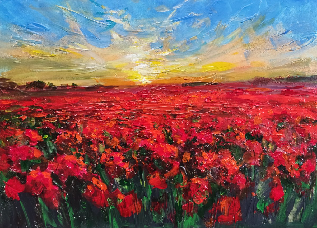 Red Poppy Field. Original Impasto Acryl Painting With Palette Knife. by HELINDA (Olga Mller)