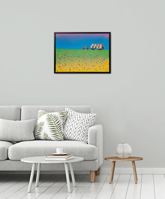 "Alchemist of the Land (Yellow)" - Abstract / Impressionist Landscape meadow painted with spray paint in a pop art / banksy graffiti style with gold paint and vibrant colours.