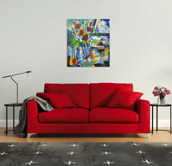 Still life with roses (80x90cm, cubism, oil painting, ready to hang)
