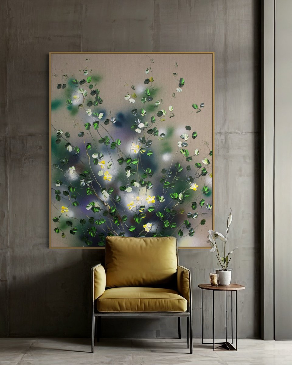 Expressive Botanical Acrylic Painting By Anastassia Skopp, 41 X 49, Yellow Flowers, Original Artwork
