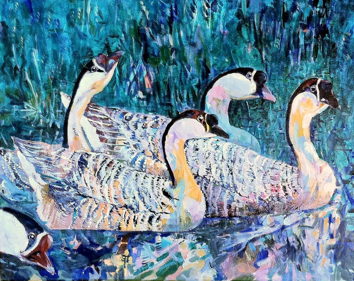 Organic Animal Painting By Chris Walker, 20 X 16, Chinese Geese, Original Artwork