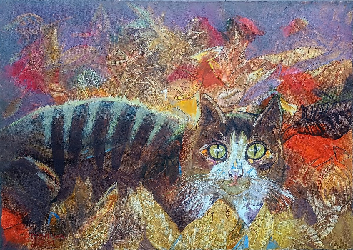 Impressionistic Animal Oil Painting By Silvija Drebickaite, 28 X 20", Golden Leaves, Original Artwork