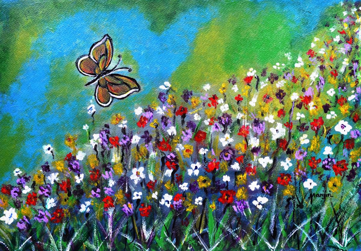 Butterfly Meadow colorful happy painting ...unique gift idea by Manjiri Kanvinde