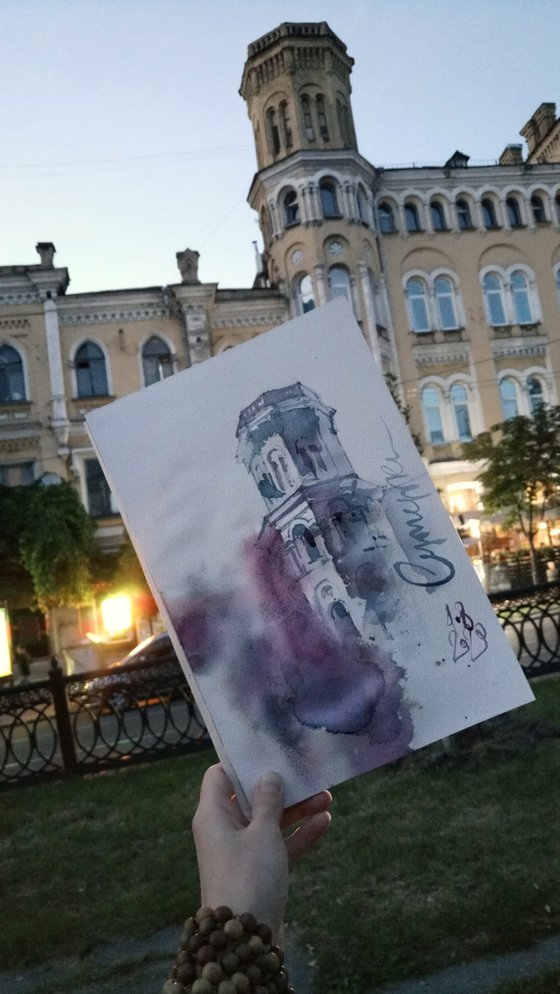 "Tower in the evening twilight. Kiev, Ukraine" architectural landscape - Original watercolor painting