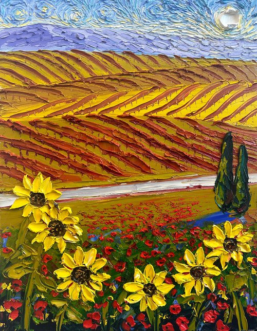 Vineyard Sunflowers and Poppies by Lisa Elley
