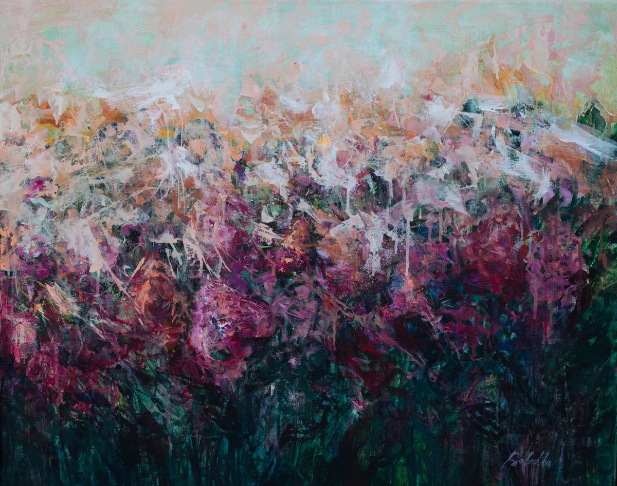 Expressive Landscape Acrylic Painting By Katia Solodka, 39 X 31", August Magic, Original Artwork