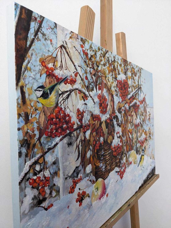 Snowy Rowan Basket and Winter Birds