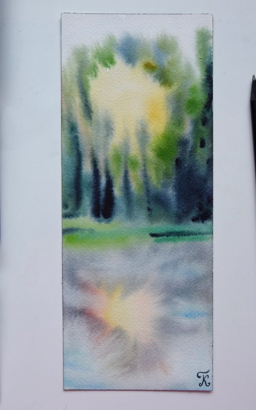 Abstract Watercolour Painting, Sun Forest Small Artwork, River Landscape Wall Art by Kate Grishakova