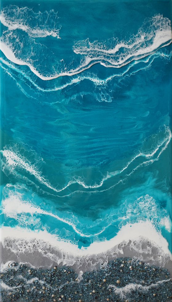 Turquoise waves - original seascape resin artwork with real blue shell