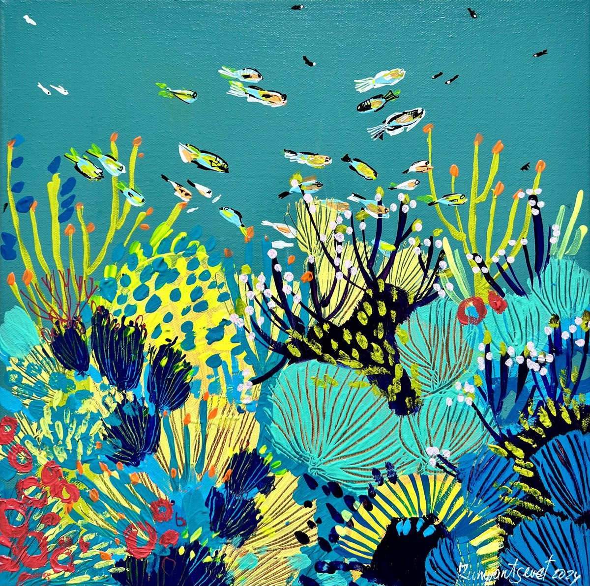 Organic Abstract Acrylic Painting By Irina Rumyantseva, 16 X 16, Underwater Life 4, Original Artwork