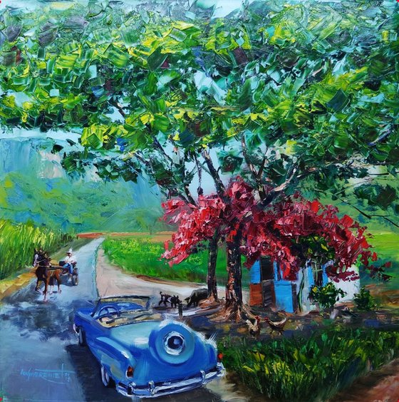 Cuban Original Landscape Painting, Viñales Valley with American Retro Vintage Car, Cuban Country Side, Horse Riding, Tropical Art