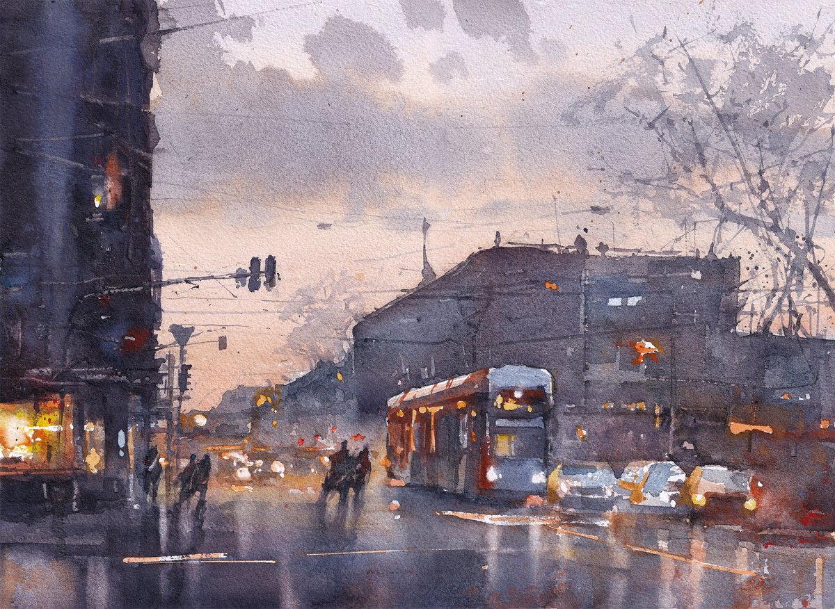 Impressionistic Cityscapes Watercolour By Yurii Prysiazhnyi, 15 X 11", Warm Evening Ii, Original Artwork