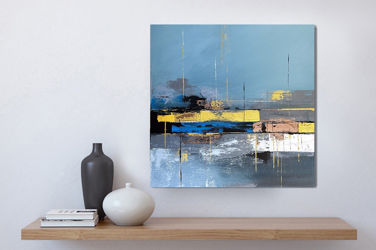 Geometric Landscape Acrylic Painting By Tatiana Malinovscaia, 16 X 16", Golden Resonance, Original Artwork