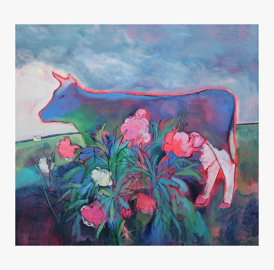 Neon Cow and Peony Bush