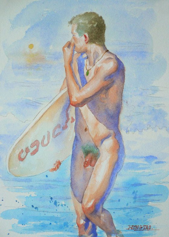 watercolor painting  Abstract male nude  on paper #17410