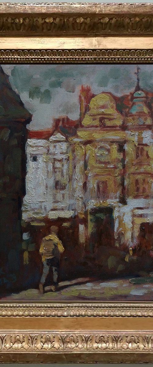 Original Oil Painting Wall Art Signed unframed Hand Made Jixiang Dong Canvas 25cm × 20cm Cityscape Market Street in Stuttgart, Germany Small Impressionism Impasto by Jixiang Dong