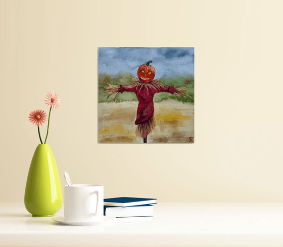 Halloween Watercolor Painting Original, Scarecrow Artwork, Spooky Season Wall Art