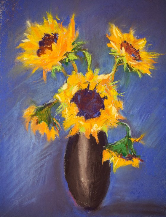 Sunflowers on a blue background. Small dry pastel drawing bright colors original art