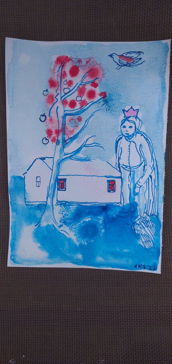 Prince and the apple tree, 15X21 cm ink drawing and painting