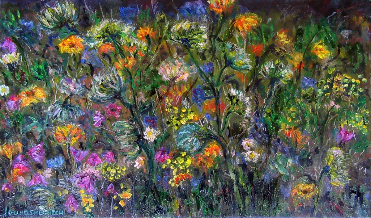 Expressive Botanical Oil Painting By Katia Ricci, 22 X 15", "Meadow Flowers", Original Artwork