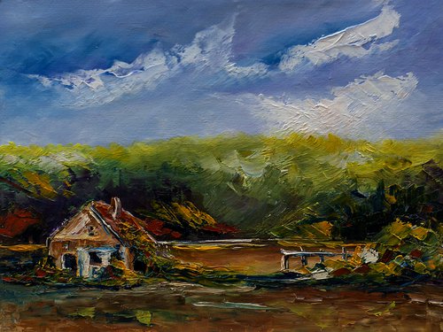 Old abandoned house in landscape. Palette knife arwork by Marinko Šaric