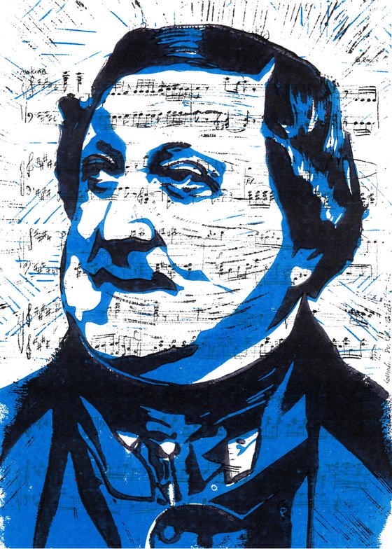 Composers - Rossini - Portrait on notes im blue and black
