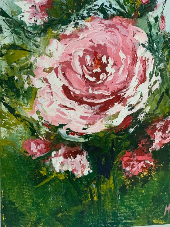 BRIGHT Roses - Summer day. Pink roses. Lush buds. Abstract technique. Expressive landscape. Smile. Dawn.