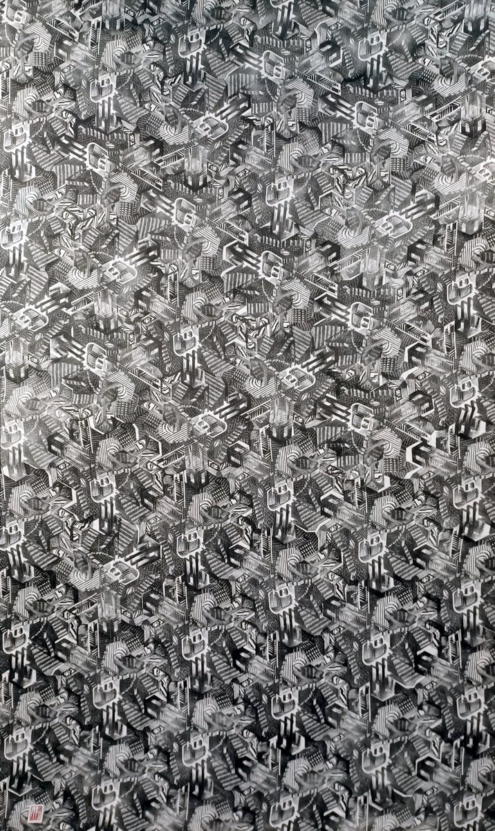 Geometric Cityscapes Linocut By Michael E. Voss, 72 X 124", Blueprint For Silence, Original Artwork