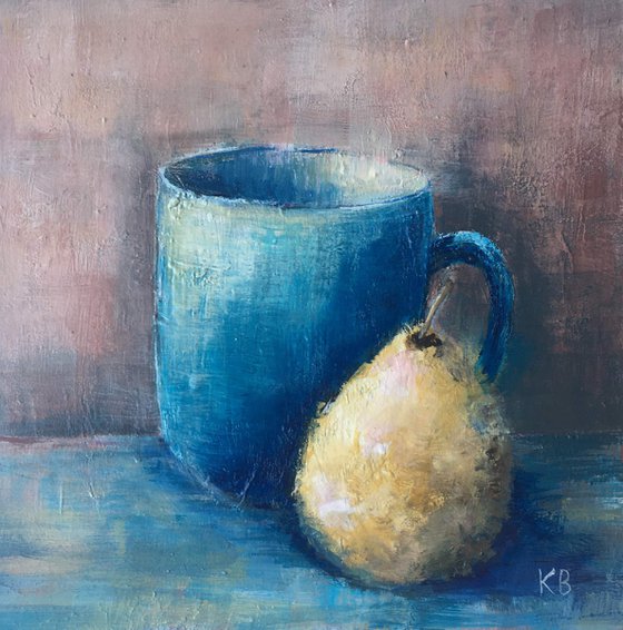 Pear with Blue mug, still life study