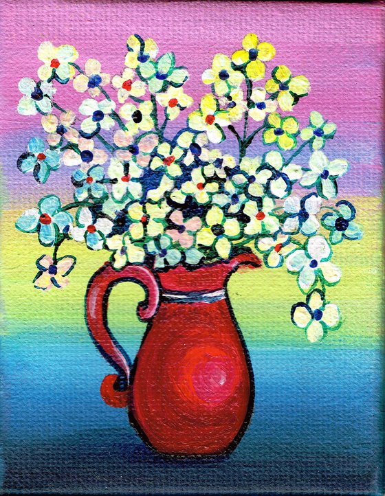 flowers, white flowers in red vase, original acrylic miniature painting, still life