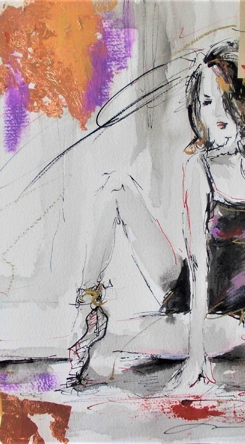 Ballerina Series Ink  Drawing-Mixed Media Drawing by Antigoni Tziora