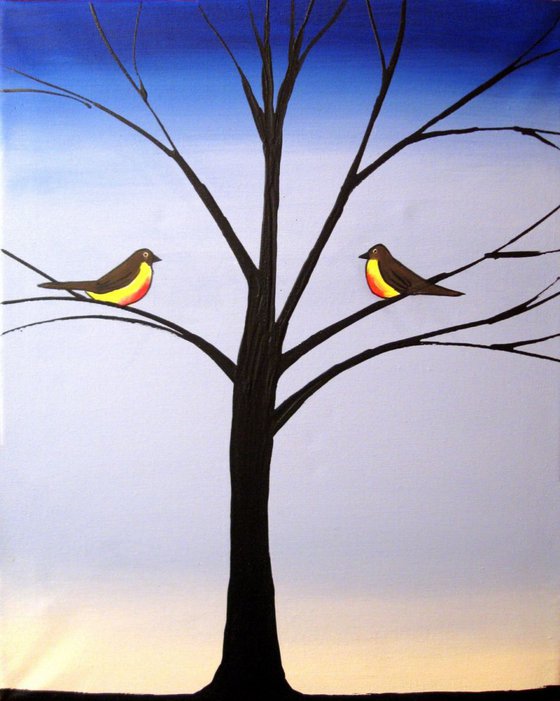 bird triptych landscape art "Bird Seasons" hand made original 48 x 20 inches