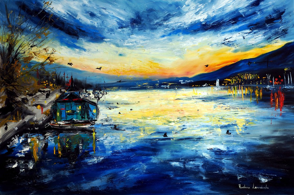 Impressionistic Landscape Oil Painting By Ruslana Levandovska, 36 X 24", Evening At The Lake, Zurich, Original Artwork