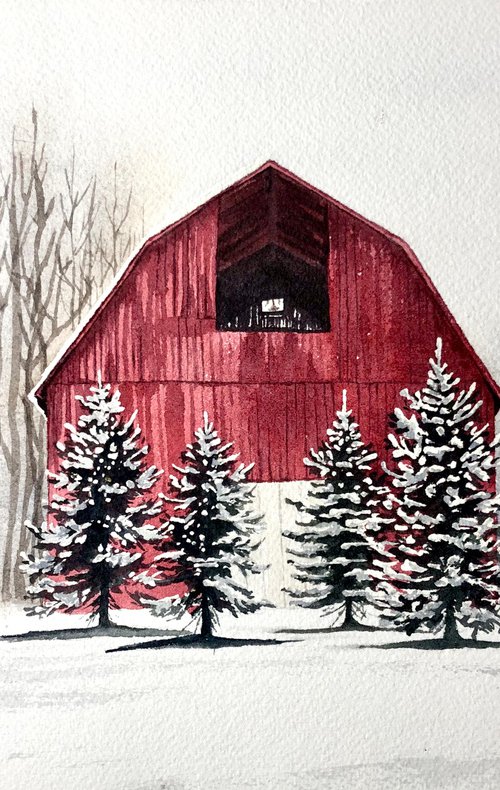 Red barn winter scene by Alina Karpova