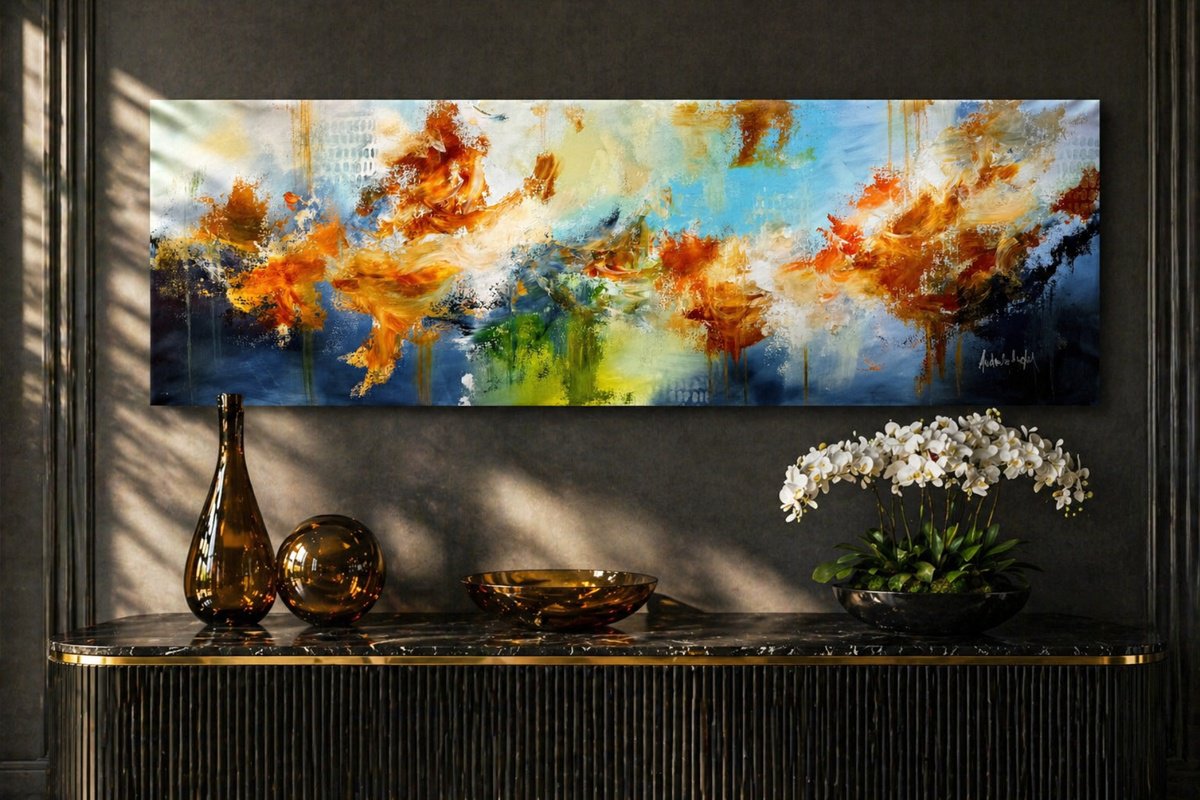  Echoes In Blue And Fire By Andrada Anghel, 72 X 24, Artwork For Sale On Artfinder