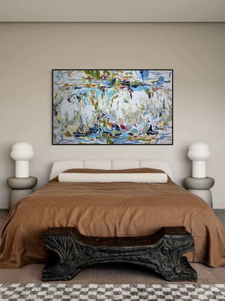 Organic Botanical Acrylic Painting By Tetiana Hutsul, 61 X 37", Blaze Of Passion And Happiness, Original Artwork