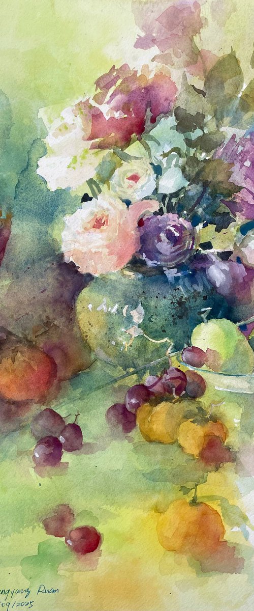 Flowers, Fruits And Wine In Green by zhengyang Ruan