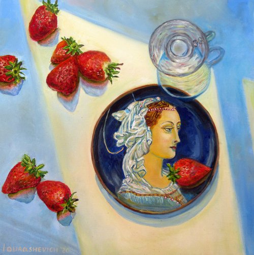Still life with a plate, stawberries and a glass Romantic Impressionism (2020) 12x12 in. (30x30 cm) by Katia Ricci