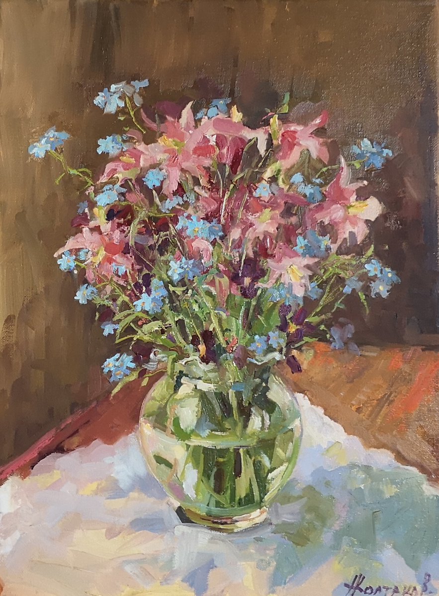 Spring flowers, original, one of a kind, oil on canvas impressionistic painting (12x16x0.7... by Alexander Koltakov