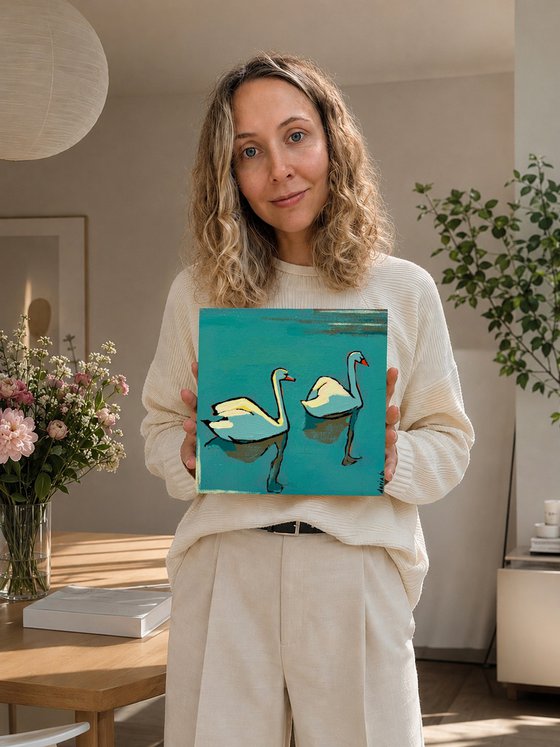 Original Small Painting Blue "2 Swans"