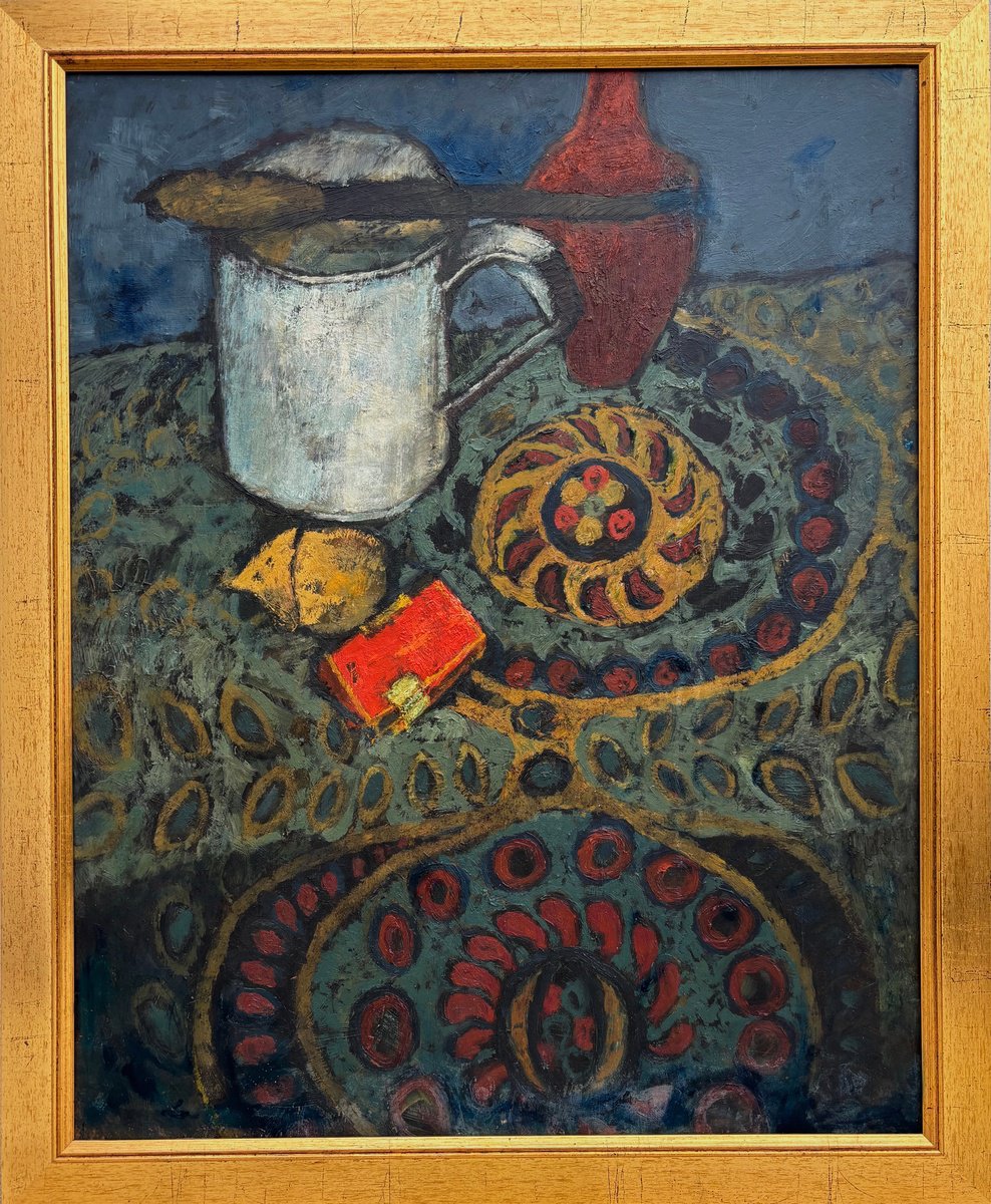 Impressionistic Still Life Oil Painting By Patricia Clements, 27 X 33", Moody Blues With White Jug, Original Artwork