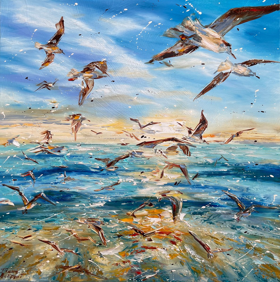 Impressionistic Animal Oil Painting By Diana Malivani, 20 X 20, Gulls, Original Artwork