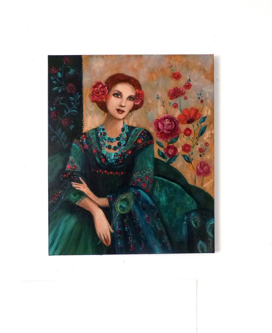 Adagio indigo 46 x 55 cm. Redheaded woman with shawl